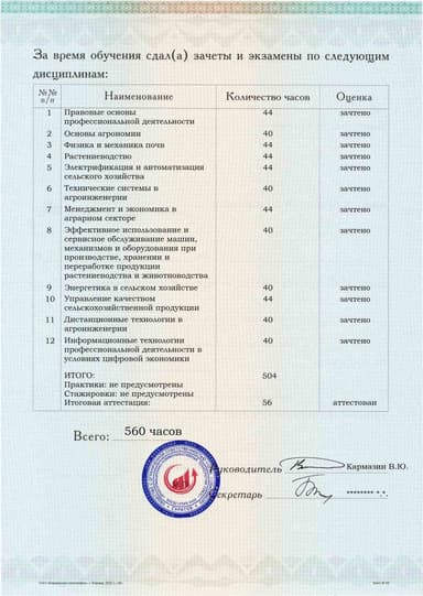 Образец приложения оборотная сторона (аттестационная работа) по программе Агроинженерия