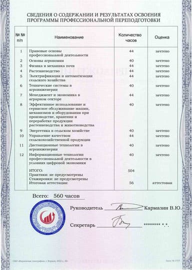 Образец приложения оборотная сторона (итоговое тестирование) по программе Агроинженерия