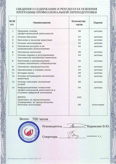 Образец приложения оборотная сторона (итоговое тестирование) по программе Охотоведение