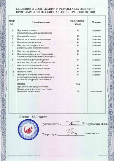 Образец приложения оборотная сторона (итоговое тестирование) по программе Охотоведение