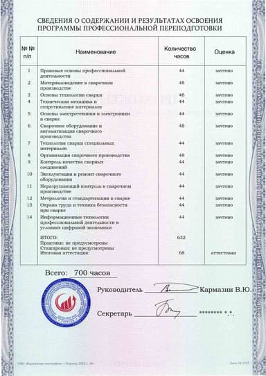 Образец приложения оборотная сторона (итоговое тестирование) по программе Инженер по сварке (специалист сварочного производства)