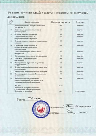 Образец приложения оборотная сторона (аттестационная работа) по программе Инженер по сварке (специалист сварочного производства)
