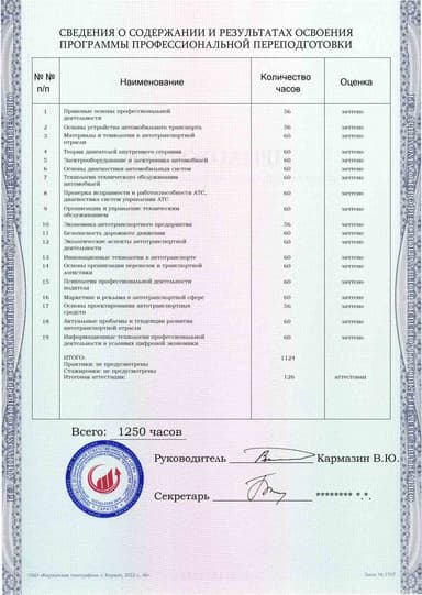 Образец приложения оборотная сторона (итоговое тестирование) по программе Техническое обслуживание и ремонт автомобильного транспорта