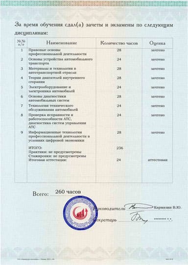 Образец приложения оборотная сторона (аттестационная работа) по программе Техническое обслуживание и ремонт автомобильного транспорта