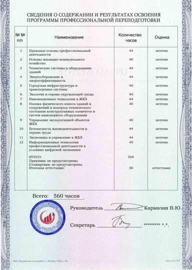 Образец приложения оборотная сторона (итоговое тестирование) по программе Техническая эксплуатация объектов жилищно-коммунального хозяйства и городской инфраструктуры