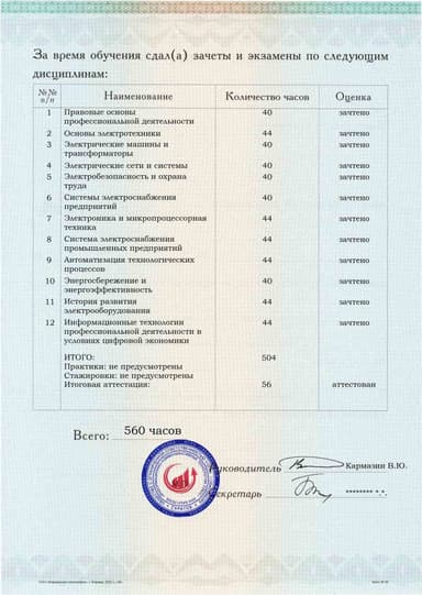 Образец приложения оборотная сторона (аттестационная работа) по программе Электрооборудование и электрохозяйство предприятий, организаций и учреждений