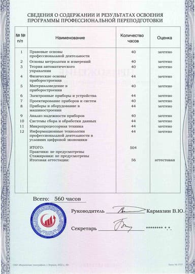Образец приложения оборотная сторона (итоговое тестирование) по программе Приборостроение