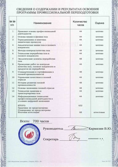 Образец приложения оборотная сторона (итоговое тестирование) по программе Специалист по контролю качества газа, газового конденсата и продуктов их переработки