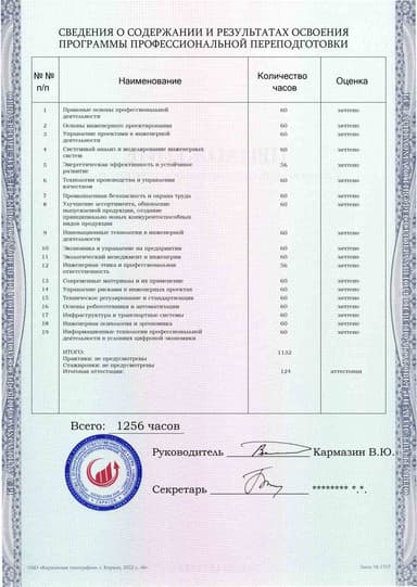 Образец приложения оборотная сторона (итоговое тестирование) по программе Главный инженер