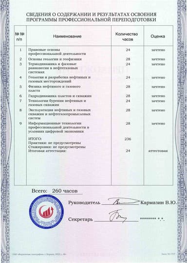 Образец приложения оборотная сторона (итоговое тестирование) по программе Разработка и эксплуатация нефтяных и газовых месторождений