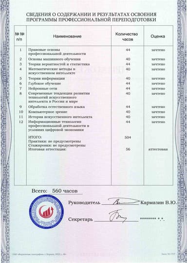 Образец приложения оборотная сторона (итоговое тестирование) по программе Искусственный интеллект