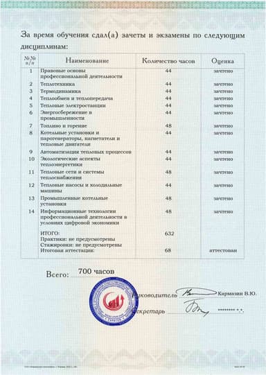Образец приложения оборотная сторона (аттестационная работа) по программе Промышленная теплоэнергетика