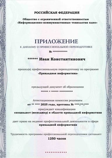 Образец приложения лицевая сторона (итоговое тестирование) по программе Прикладная информатика