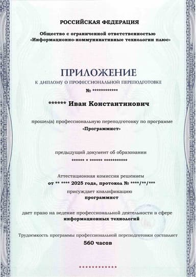 Образец приложения лицевая сторона (итоговое тестирование) по программе Программист