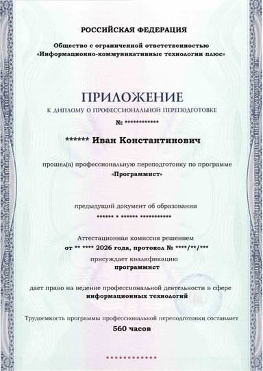 Образец приложения лицевая сторона (итоговое тестирование) по программе Программист