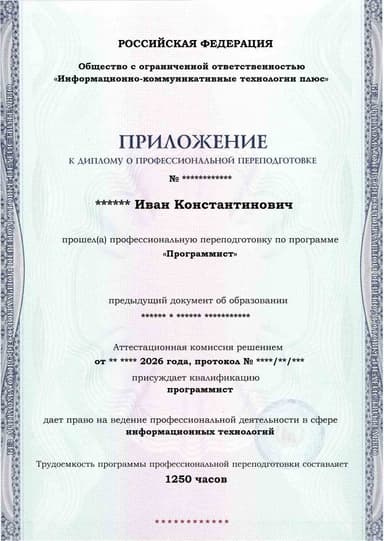 Образец приложения лицевая сторона (итоговое тестирование) по программе Программист