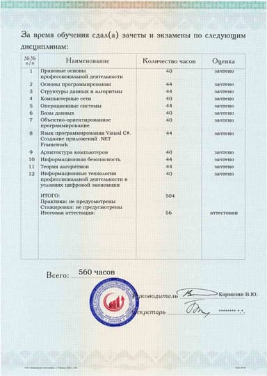 Образец приложения оборотная сторона (аттестационная работа) по программе Инженер-программист