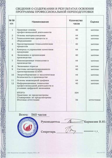 Образец приложения оборотная сторона (итоговое тестирование) по программе Инженер-технолог промышленного производства