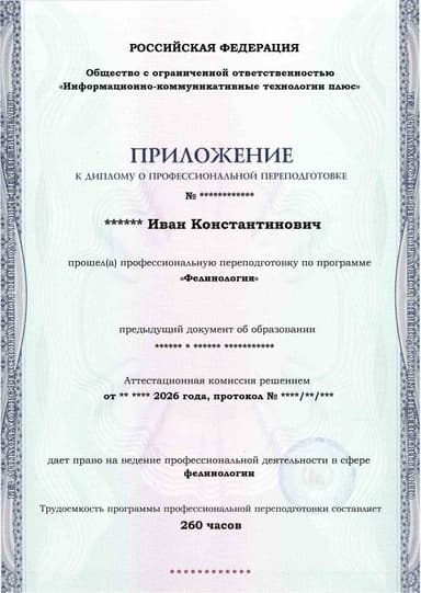 Образец приложения лицевая сторона (итоговое тестирование) по программе Фелинология