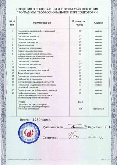 Образец приложения оборотная сторона (итоговое тестирование) по программе Психология (со специализацией «Основы эзотерики»)