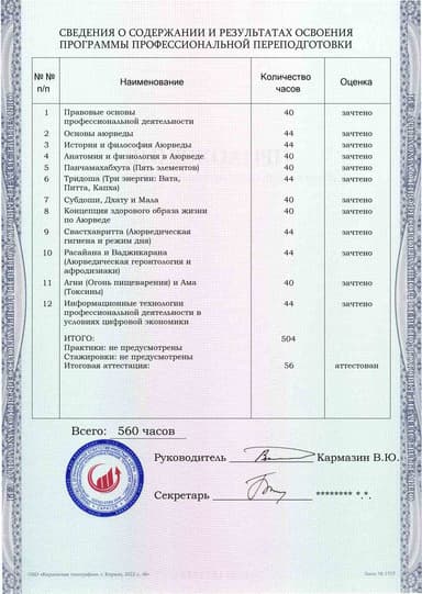 Образец приложения оборотная сторона (итоговое тестирование) по программе Основы Аюрведы
