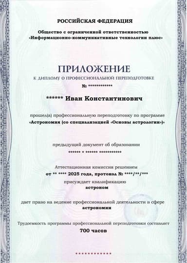 Образец приложения лицевая сторона (итоговое тестирование) по программе Астрономия (со специализацией «Основы астрологии»)