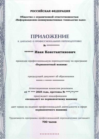 Образец приложения лицевая сторона (итоговое тестирование) по программе Перманентный макияж