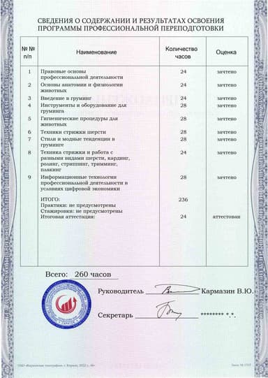 Образец приложения оборотная сторона (итоговое тестирование) по программе Груминг