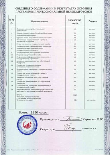 Образец приложения оборотная сторона (итоговое тестирование) по программе Государственная служба в Российской Федерации