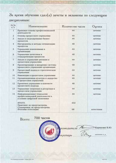 Образец приложения оборотная сторона (аттестационная работа) по программе Специалист по процессному управлению