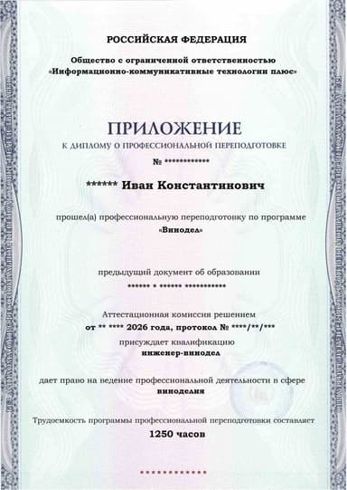 Образец приложения лицевая сторона (итоговое тестирование) по программе Винодел