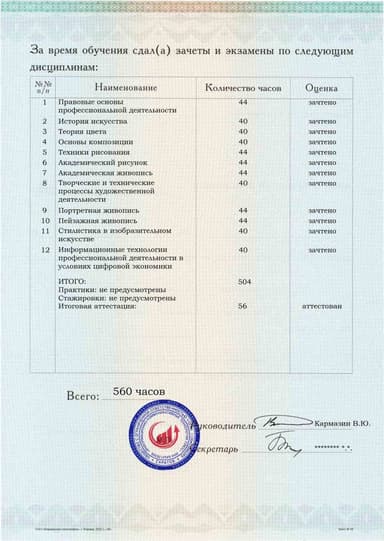 Образец приложения оборотная сторона (аттестационная работа) по программе Художник