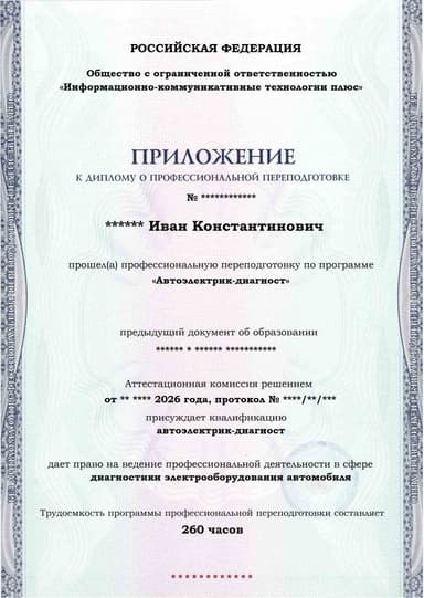 Образец приложения лицевая сторона (итоговое тестирование) по программе Автоэлектрик-диагност