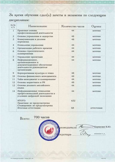 Образец приложения оборотная сторона (аттестационная работа) по программе Помощник руководителя
