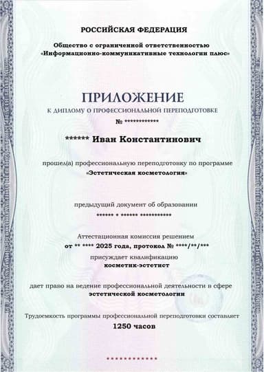 Образец приложения лицевая сторона (итоговое тестирование) по программе Эстетическая косметология