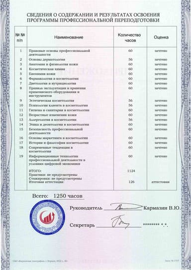 Образец приложения оборотная сторона (итоговое тестирование) по программе Эстетическая косметология