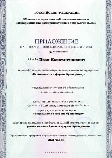 Образец приложения лицевая сторона (итоговое тестирование) по программе Специалист по форекс-брокериджу