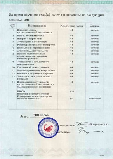 Образец приложения оборотная сторона (аттестационная работа) по программе Специалист по видеомонтажу
