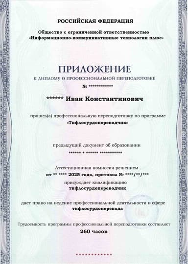 Образец приложения лицевая сторона (итоговое тестирование) по программе Тифлосурдопереводчик