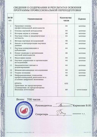 Образец приложения оборотная сторона (итоговое тестирование) по программе Научный работник