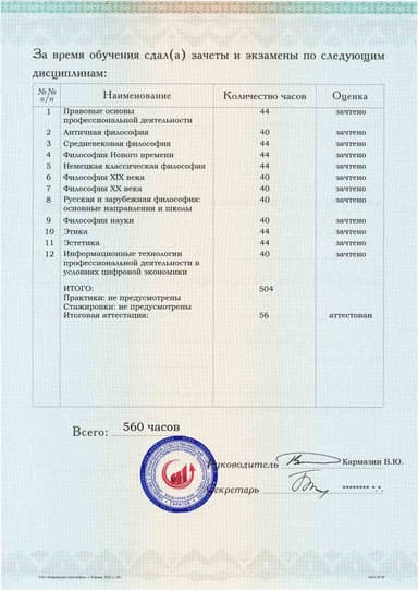 Образец приложения оборотная сторона (аттестационная работа) по программе Философия
