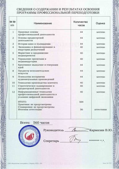 Образец приложения оборотная сторона (итоговое тестирование) по программе Продюсер