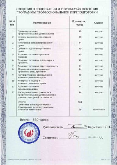 Образец приложения оборотная сторона (итоговое тестирование) по программе Административное право