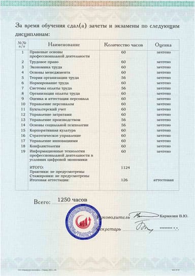 Образец приложения оборотная сторона (аттестационная работа) по программе Нормирование и оплата труда