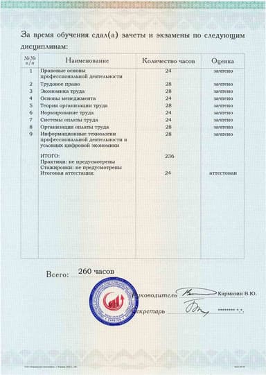 Образец приложения оборотная сторона (аттестационная работа) по программе Нормирование и оплата труда