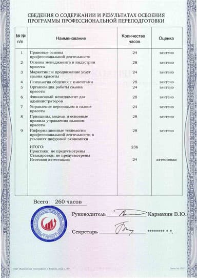Образец приложения оборотная сторона (итоговое тестирование) по программе Менеджер-администратор салона красоты