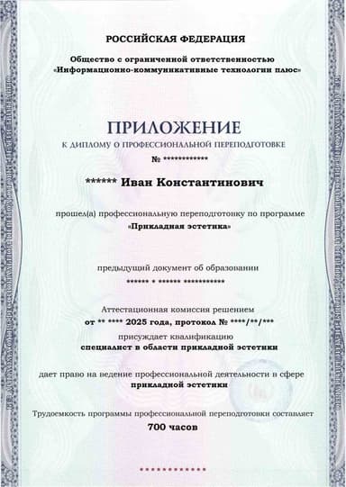 Образец приложения лицевая сторона (итоговое тестирование) по программе Прикладная эстетика