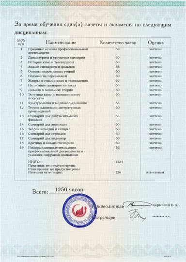 Образец приложения оборотная сторона (аттестационная работа) по программе Сценарист