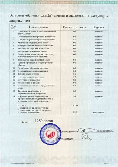 Образец приложения оборотная сторона (аттестационная работа) по программе Парикмахерское искусство