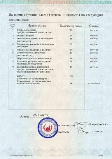 Образец приложения оборотная сторона (аттестационная работа) по программе Специалист по лизинговой деятельности